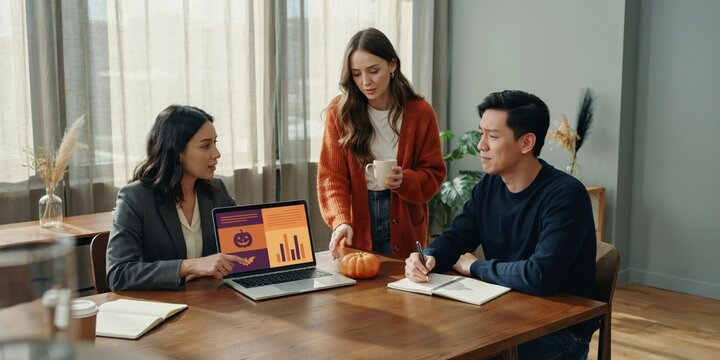 Three diverse colleagues collaborating on a business project in a modern office meeting, happy halloween, halloween celebration theme