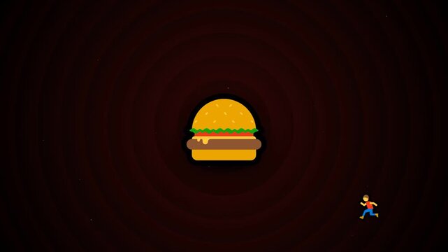 Small pixel man running towards giant floating hamburger icons