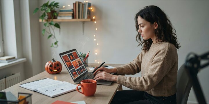 Young woman working on a laptop at a desk with halloween decorations in a cozy home office, happy halloween, halloween celebration theme