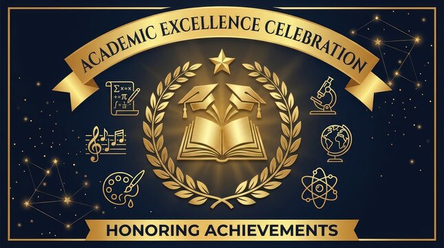 Academic excellence celebration banner featuring golden graduation caps and open books with symbolic educational icons on a dark navy background