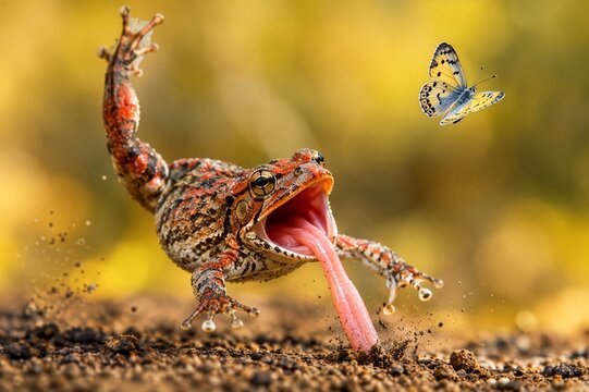 Funny jumping frog missing a butterfly and hitting the dirt with its tongue