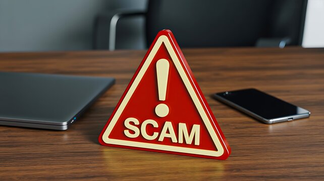 Scam warning sign on office desk with smartphone and laptop for online fraud awareness