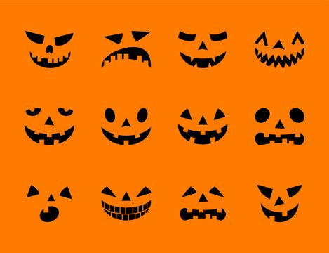 ghost scary face expressions set, funny halloween icons, spooky jack-o-lantern character collection, black eyes and mouth on orange background