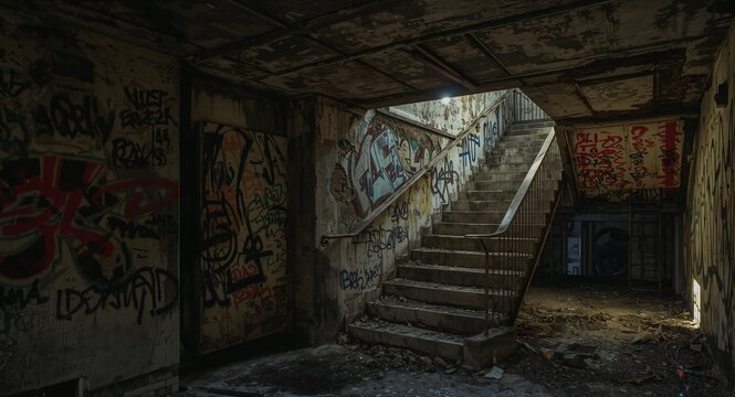 Moody urban exploration photography capturing graffiti tagged tunnels derelict staircases and fractured concrete bathed in ambient glow for evocative stock visuals