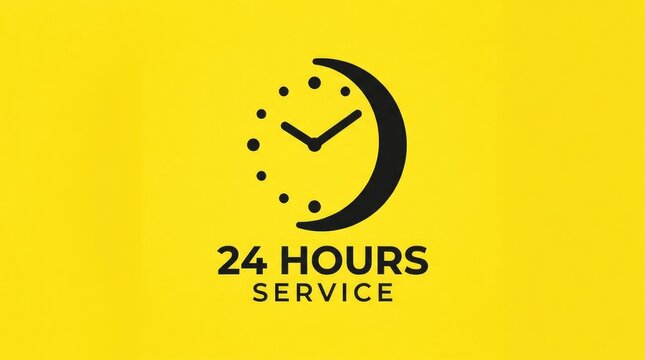 Minimalist black clock icon with crescent moon shape representing continuous support isolated against a bright vibrant yellow background color design