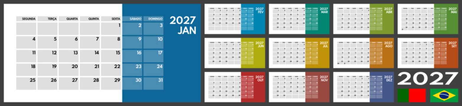 2027 whole year monthly office planner or wall calendar horizontal grid layout, monday first, two weekends, portuguese months name, each month on separated page, ready for print