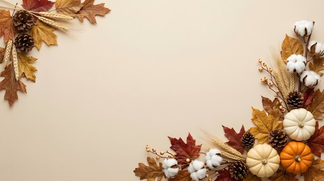 Premium Thanksgiving holiday background with pumpkins, cotton, and autumn leaves arrangement