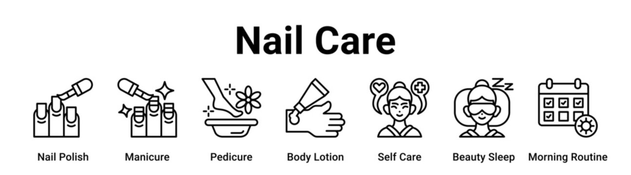 Nail Care web banner icon vector illustration concept for beauty with icon of Nail Polish, Manicure, Pedicure, Body Lotion, Self Care, Beauty Sleep.