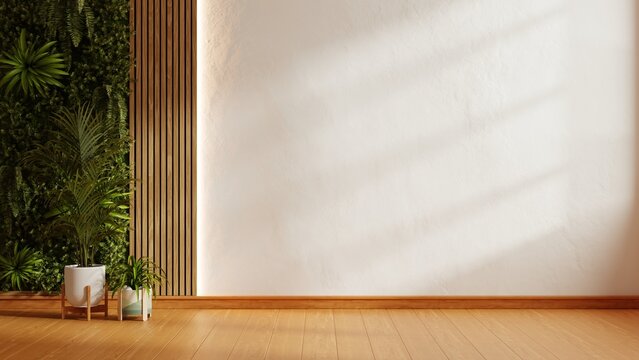 Blank textured wall beside a lush vertical garden, wooden panels and potted plants. Warm lighting and wooden flooring complement the interior with ample space for text- 3D rendering