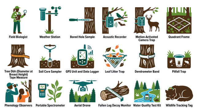 Forest Science Research Tools and Methods Icons - Field Biology and Ecology