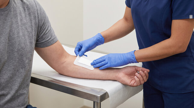 Female nurse applying sterile adhesive bandage onto forearm of male patient in clinic exam room