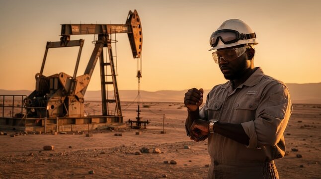 Focused Engineer in Protective Gear Checking Watch in Desert Oil Field, Golden Sunset Casting Warm Glow, Industrial Machinery in Background, Earthy Tones, Capturing Precision and Dedication
