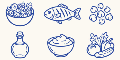 Obraz premium Hand drawn doodle icons of healthy food elements like fish salad and oil for culinary concepts