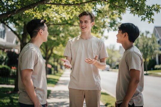 Three Young Men Engaging in Lively Conversation on Sunlit Suburban Street, Dappled Light Through Green Foliage, Casual Summer Attire, Soft Focus Background, Capturing Friendship and Connection