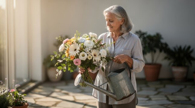 Elderly Woman Tenderly Holding Vibrant Bouquet in Sunlit Patio, Gentle Morning Light, Potted Plants in Background, Soft Earth Tones, Capturing Serenity and Timeless Beauty