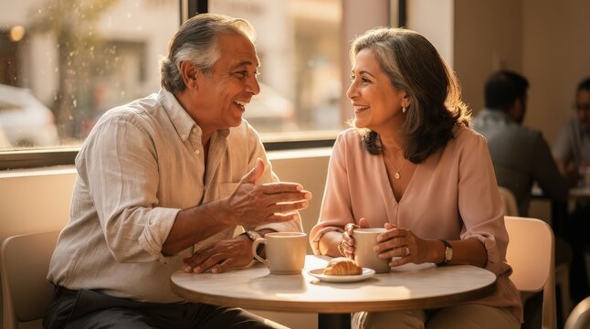 Charming Mature Couple Enjoying Coffee Together in Cozy Caf&eacute;, Warm Sunlight Streaming Through Windows, Engaged in Lively Conversation, Soft Earth Tones, Capturing Joyful Connection and Companionship