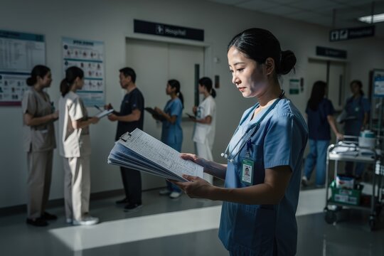 Focused Female Nurse Reviewing Patient Charts in Bustling Hospital Corridor, Bright Overhead Lighting, Medical Staff Engaged in Background Conversations, Cool Blue and White Tones, Capturing