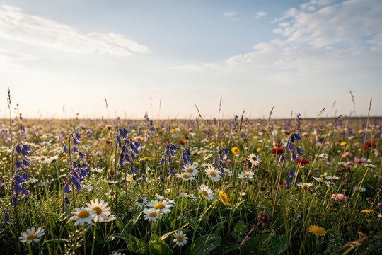 Vibrant Wildflower Meadow in Bloom at Sunrise, Expansive Field with Daisies and Bluebells, Soft Golden Light Illuminating the Landscape, Dew-Kissed Grass, Capturing Tranquil Natural Beauty