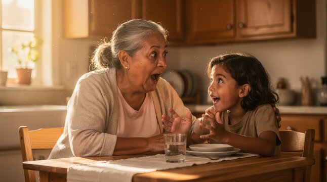 Joyful Grandmother and Grandchild Sharing Excited Moment at Sunlit Kitchen Table, Warm and Inviting Atmosphere, Wooden Cabinets and Soft Light, Capturing Family Bond and Generational Joy