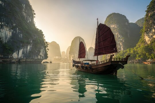 Majestic Traditional Wooden Junk Boat Sailing Gracefully in Tranquil Halong Bay, Misty Morning Light, Towering Limestone Karsts, Serene Emerald Waters, Capturing Timeless Elegance and Adventure