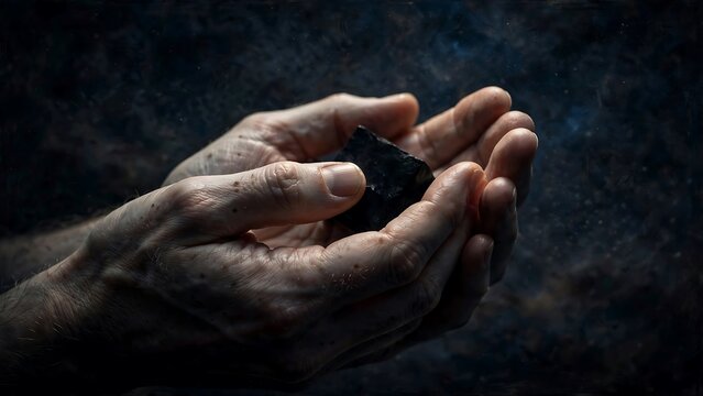 Cupped hands holding dark matter against a blurred cosmic background