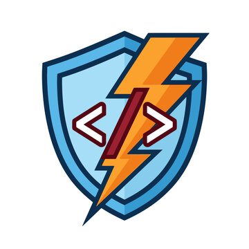 Cyber security shield icon with lightning bolt and code brackets. EPS Editable