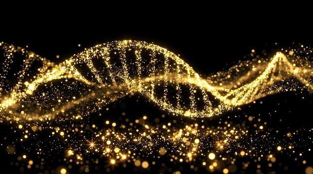 Abstract golden DNA double helix structure made of sparkling particles against a dark background, representing genetic science and luxury.