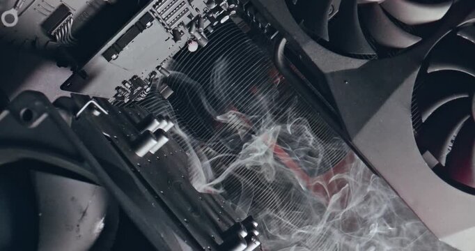 Camera move along components. Working motherboards, graphic cards and fans.