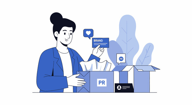 Public Relations Concept Illustration with Woman Unboxing PR Packages for Brand Marketing and Social Media Influence