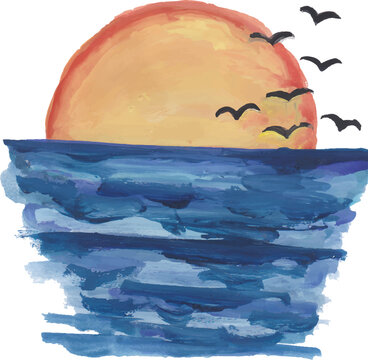 Sunset Over the Sea with Flying Birds Watercolor Illustration