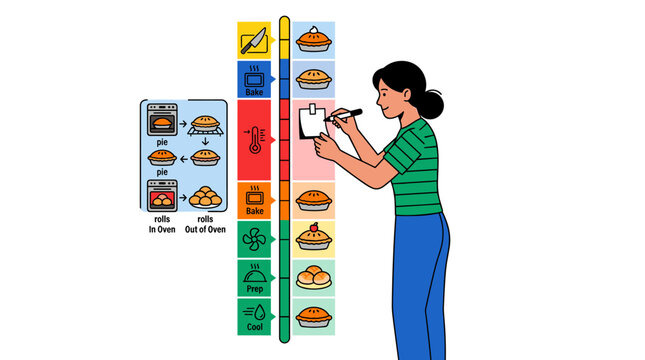Woman planning a professional baking workflow infographic with preparation stages for pies and bread rolls in kitchen