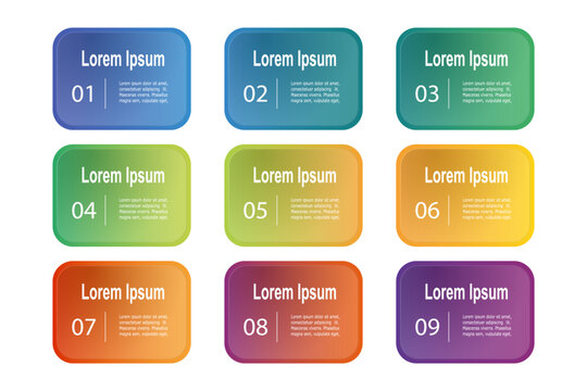 infographic elements template, business concept with 9 steps, multi gradient color rectangle shapes design with multi gradient color label for workflow layout, diagram, annual report, vector