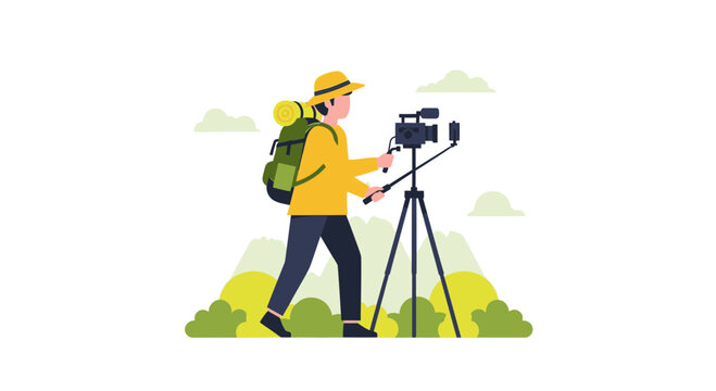 Male videographer filming nature with professional camera on tripod, outdoor travel content creator vector illustration