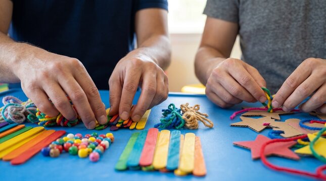 Two people crafting together using colorful popsicle sticks beads and yarn on a blue table