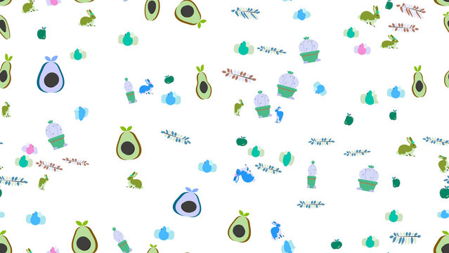 Avocado, rabbit, cactus and pear seamless pattern