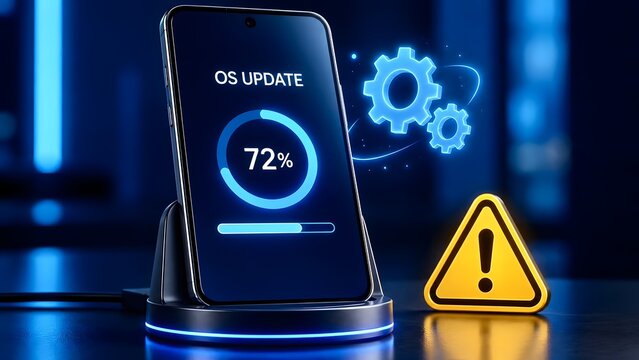 Mobile device management concept with smartphone displaying OS update in progress and yellow warning triangle sign for system maintenance