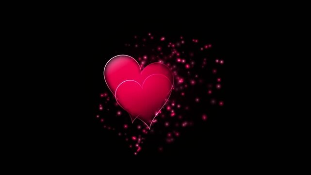 Two vibrant pink hearts with glowing edges on a black background love romance 4k video.