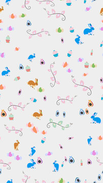 Cute Cartoon Rabbits Avocados Cacti and Floral Pattern