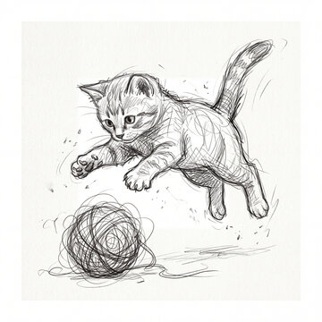 Playful kitten pouncing on a ball of yarn pencil sketch