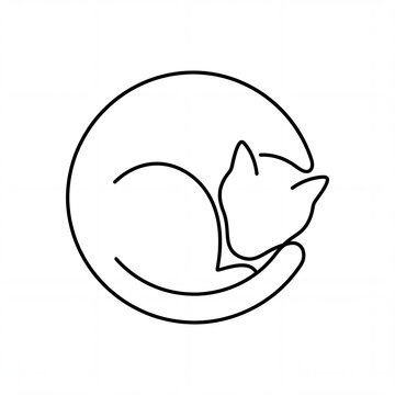 Minimalist single line art drawing of a cat curled up in a circle
