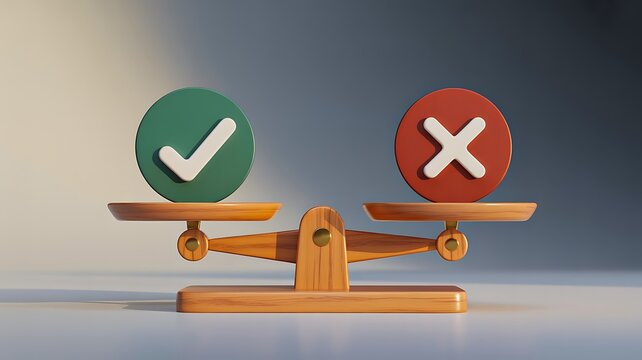 Decision making concept with balanced checkmark and cross symbols on a wooden scale