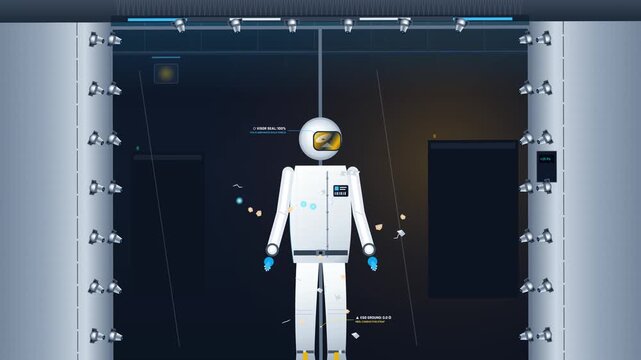 Animated concept of a cleanroom air shower decontamination process for semiconductor fabrication, showing a worker in a protective suit being blasted by supersonic jets to remove dirt particles