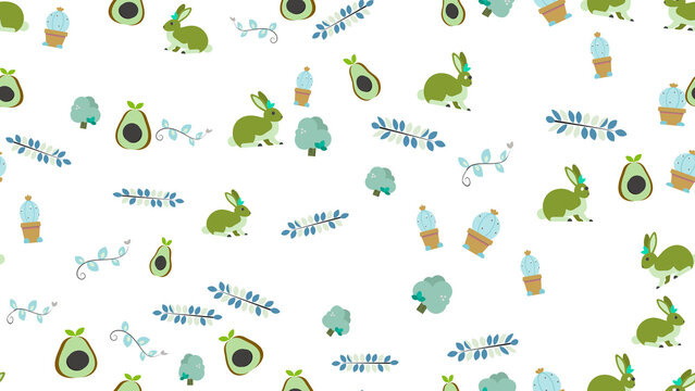Seamless pattern of rabbits, avocados, and plants