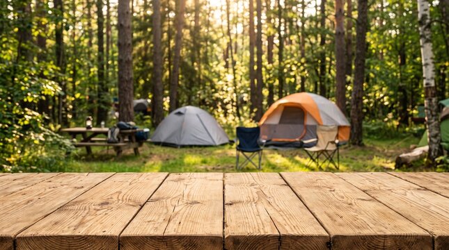 Empty wooden table top in the foreground with blurred camping tents in the sunny forest