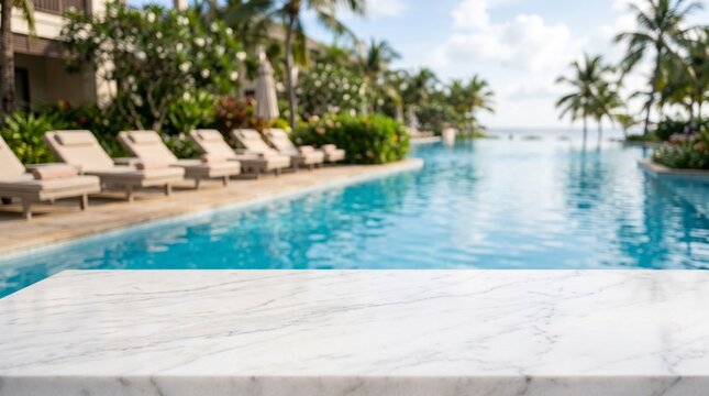 Empty white marble tabletop with a blurred luxury tropical resort swimming pool background