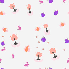 Obraz premium Seamless pattern with stylized trees, apples, and rabbits