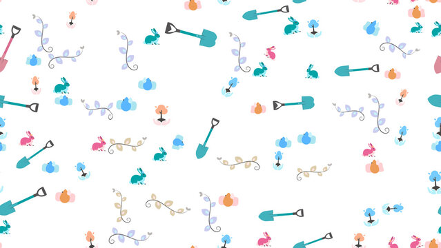Spring garden pattern with rabbits and shovels