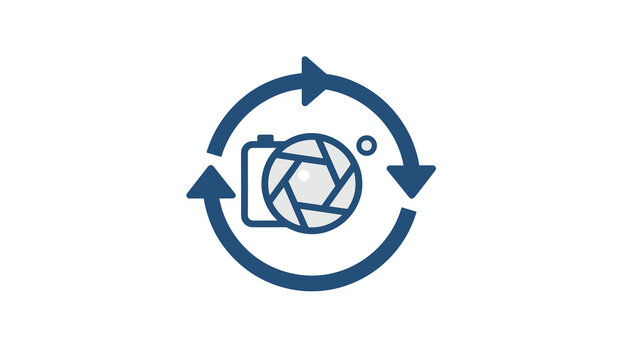Circular arrow loop rotating camera shutter icon representing digital photography sync backup or image editing process.