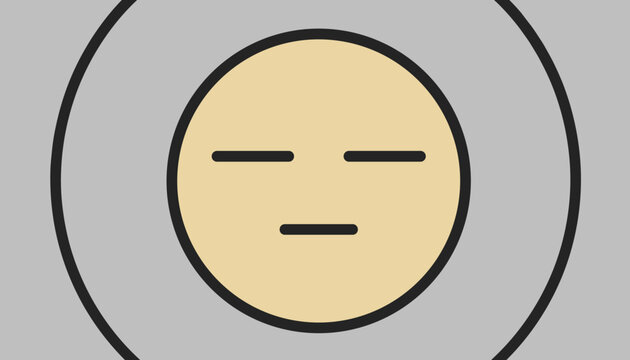 Neutral or expressionless yellow face emoji inside grey circular frame on a grey background vector design.