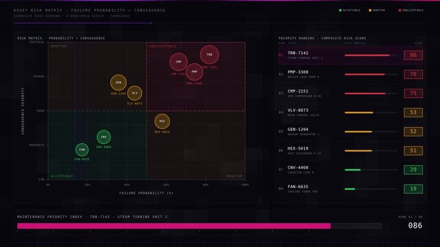 Explore the Asset Risk Dashboard showcasing Failure Probability, Consequence Severity, and Maintenance Priority in a visually engaging dark composition with vibrant color-coded elements.